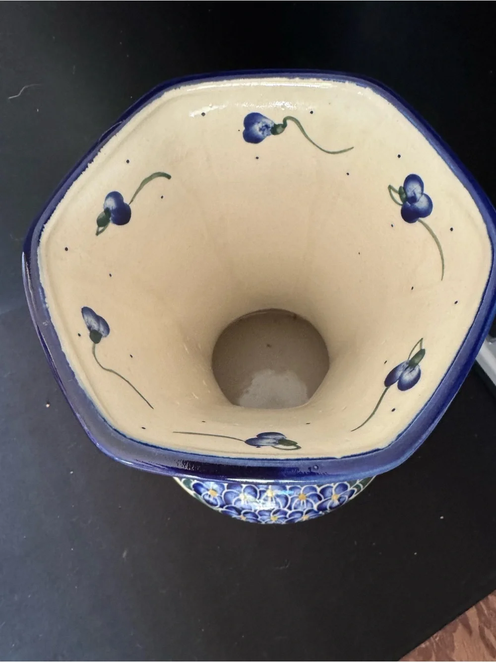 W R Unikat Polish Pottery Vase Blue Flowers and Greenery Crazing
